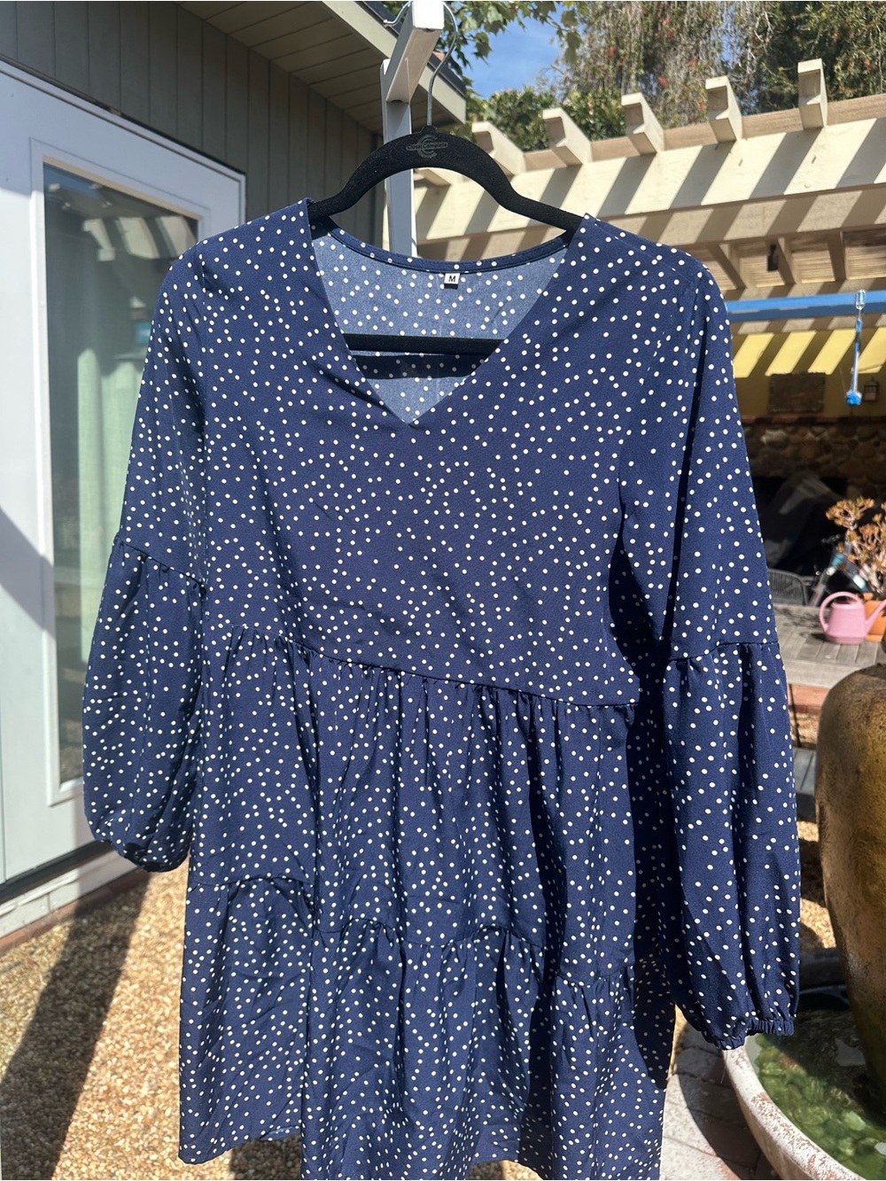Source Unknown Navy Blue Polka Dot Casual Tiered Dress